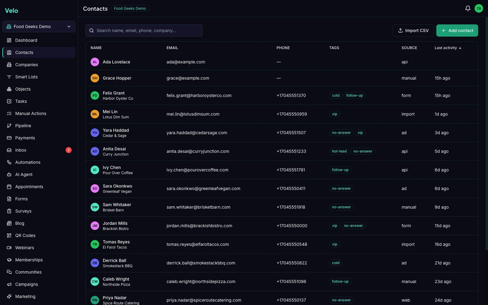 The Velo contact list, showing company, tags, lead source and last activity for each contact.