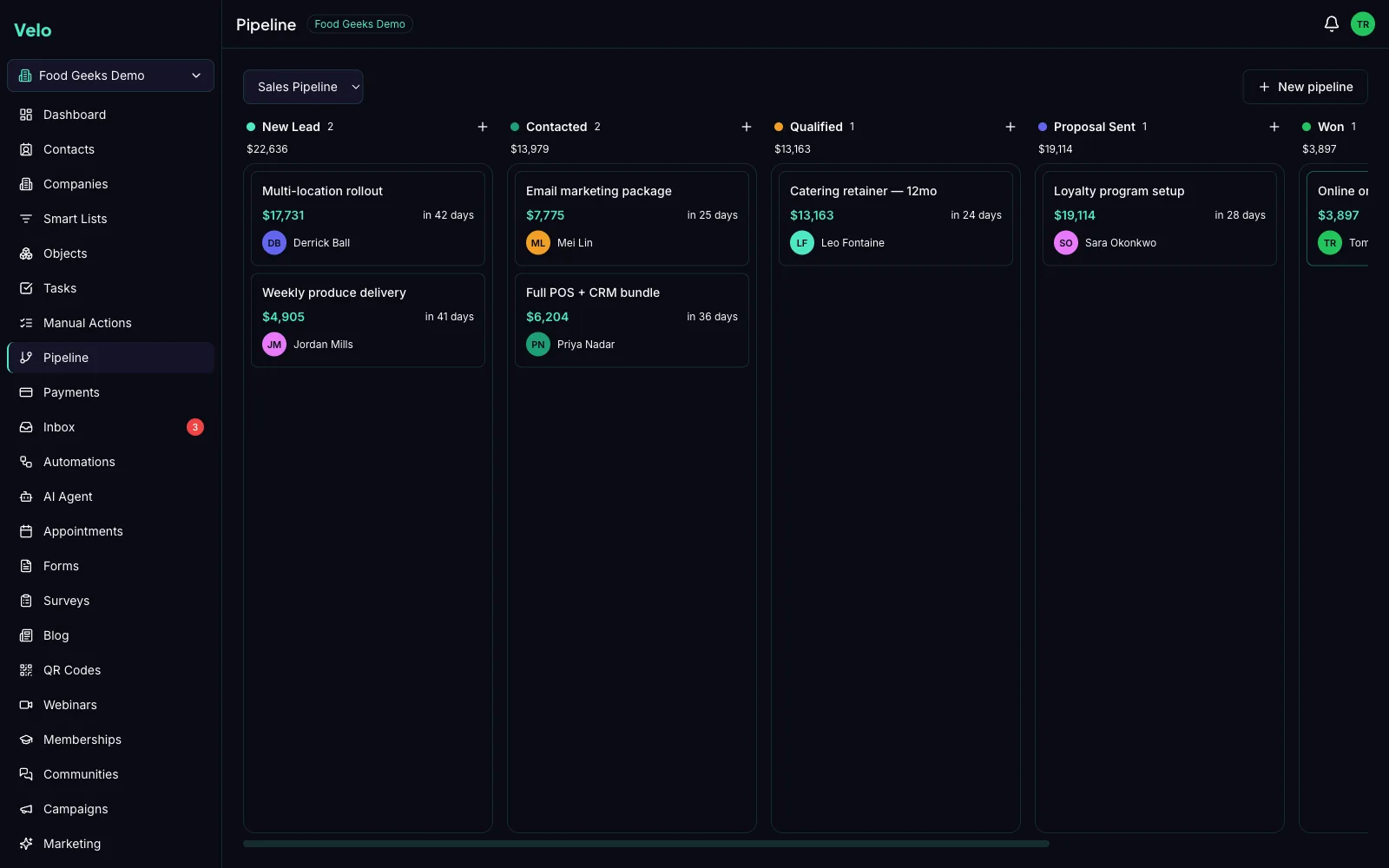 Velo sales pipeline with opportunities organized by stage, showing the next steps for each client relationship.