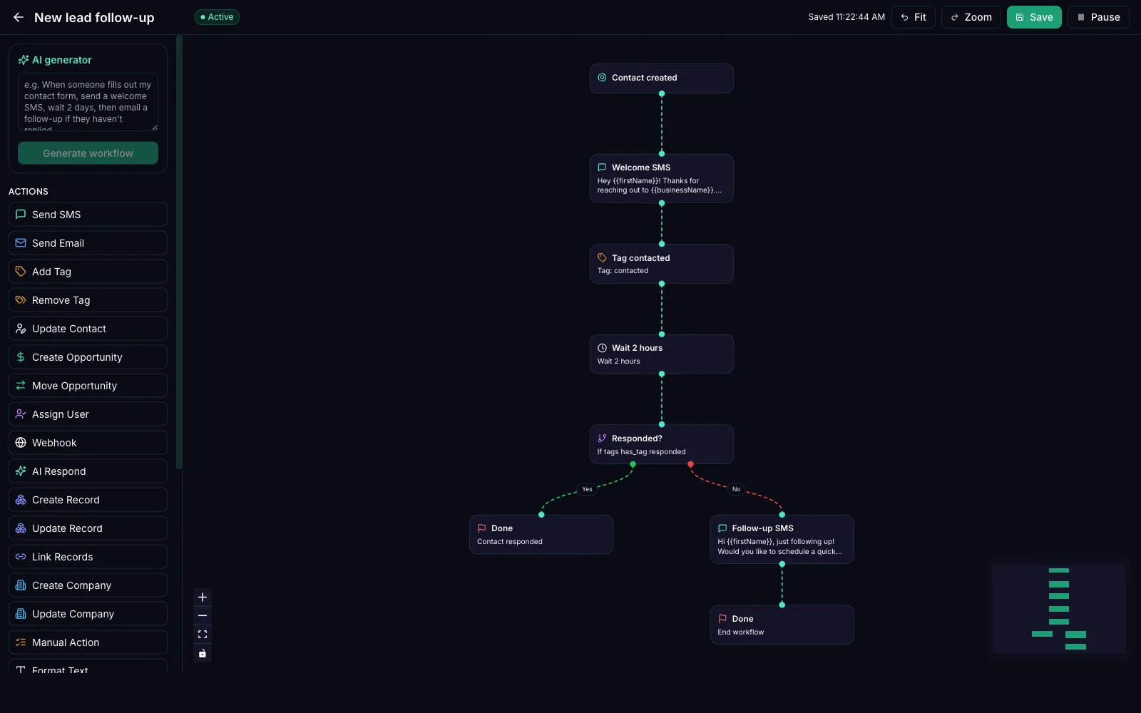 The Velo workflow builder: a contact-created trigger branching through a welcome SMS, a tag, a two-hour wait and a conditional follow-up.